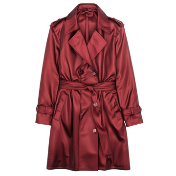 Scarlet sheen luxurious satin trench coat elegant display isolated on white background
