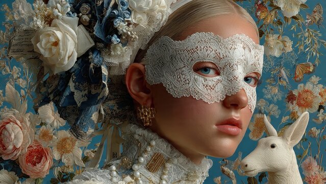 Victorian elegance: woman in intricate lace mask with floral background and porcelain deer