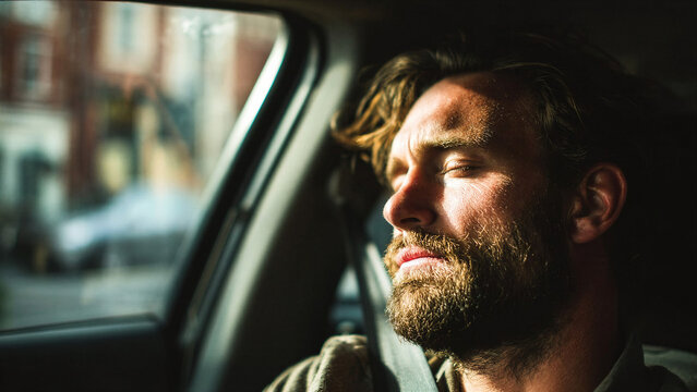 Exhausted man fell asleep in a car with the sun on his face. Conceptualization of extreme fatigue, burnout, lack of rest, and physical disconnection from chronic stress.