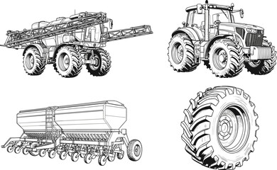 Detailed black and white agricultural illustration set featuring self-propelled sprayer, tractor, seed drill planter, and heavy-duty tractor tire for farming, machinery, and industry reference © Ashrat