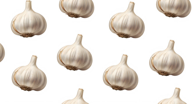 Fresh garlic bulbs arranged in a seamless pattern on white transparent background