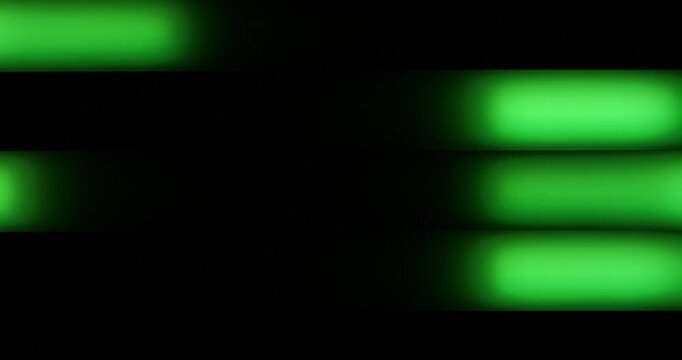 Green Neon Horizontal Glowing Bars Abstract. Dynamic abstract footage featuring softly blurred horizontal neon green bars rhythmically shifting and pulsing across a deep black background.