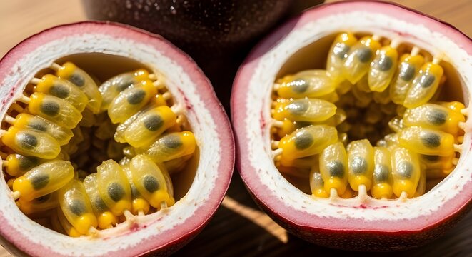 Passionfruit Halves White Seeded Juicy Flesh, Exotic Tropical Fruit, Vibrant Yellow Interior, Fresh Organic Produce, Gourmet Ingredient Photography, Natural Sweet Tart Flavor, Botanical Concept