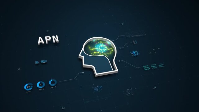 Futuristic AGI digital brain and automation concept with HUD data interface animation, Seamless Loop.