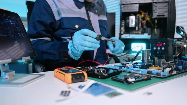 Senior technician performing PCB soldering and diagnostics with multimeter in electronics lab, showcasing hardware engineering