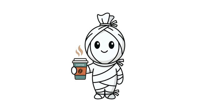 Cute Friendly Pocong holding coffee cup &ndash; Flat Vector Illustration