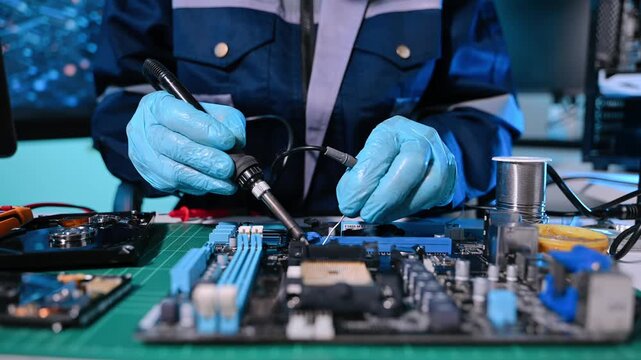 Senior technician performing PCB soldering and diagnostics with multimeter in electronics lab, showcasing hardware engineering