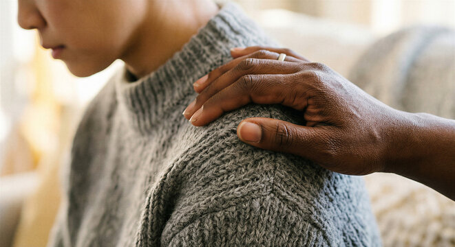 Person comforting another with hand on shoulder at home as empathy and emotional support concept
