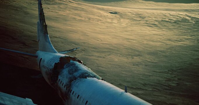An abandoned aircraft rests on a barren landscape, with sunlight casting a warm glow on its weathered exterior. The empty shell evokes a sense of nostalgia and mystery.