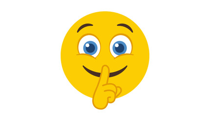 Fototapeta premium A yellow emoji face with blue eyes and a gentle smile, holding an index finger to its lips in a shushing gesture, symbolizing silence or quiet.
