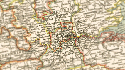 Naklejka premium Macro View of Vintage Map Highlighting Middlesex England with Detailed Regional Cartography