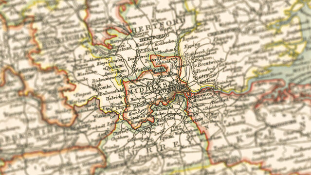 Macro View of Vintage Map Highlighting Middlesex England with Detailed Regional Cartography