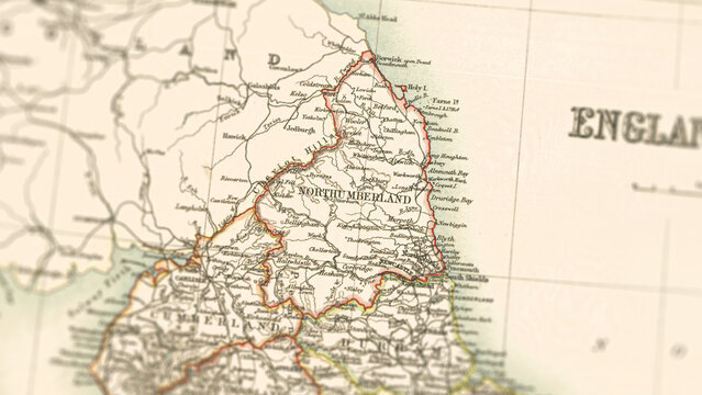 Macro View of Vintage Map Highlighting Northumberland England with Detailed Regional Cartography
