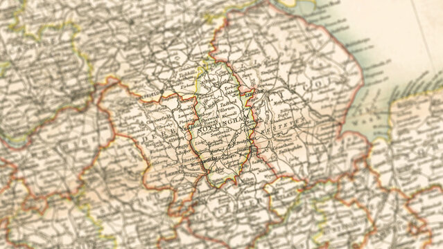 Macro View of Vintage Map Highlighting Nottinghamshire England with Detailed Regional Cartography