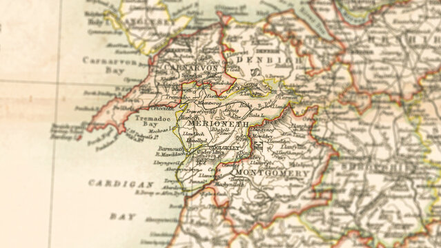 Macro View of Vintage Map Highlighting Merionethshire Wales with Detailed Regional Cartography