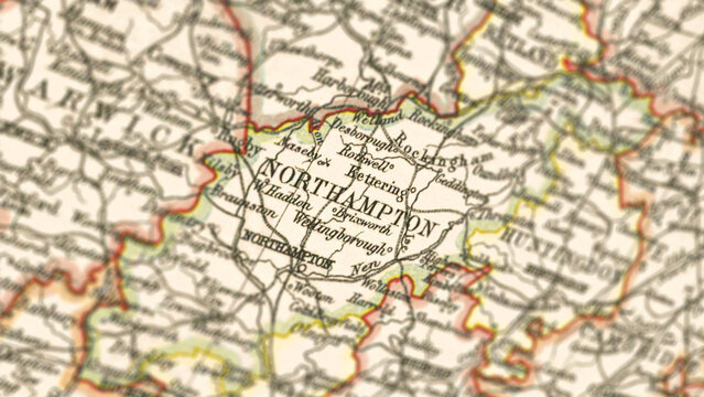 Macro View of Vintage Map Highlighting Northamptonshire England with Detailed Regional Cartography