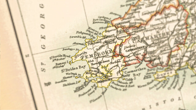 Macro View of Vintage Map Highlighting Pembrokeshire Wales with Detailed Regional Cartography