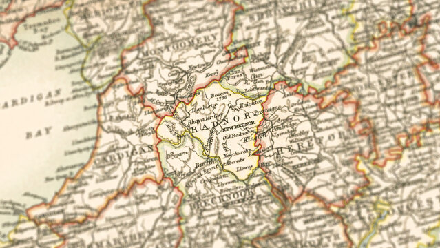 Macro View of Vintage Map Highlighting Radnorshire England with Detailed Regional Cartography