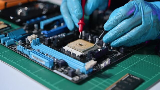 The technician is putting the CPU on the socket of the computer motherboard. electronic engineering electronic repair, electronics measuring and testing, repair