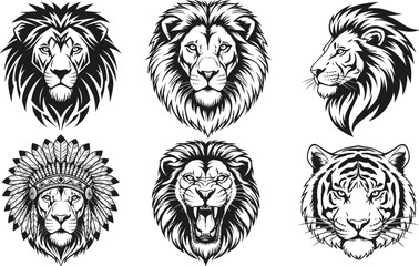 Fototapeta premium Lion and Tiger Head Icon Set Featuring Detailed Wild Animal Illustrations for Wildlife, Tattoo, and Graphic Design Projects