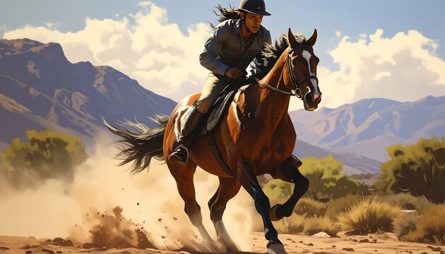 A cowboy riding a brown horse in a desert landscape
