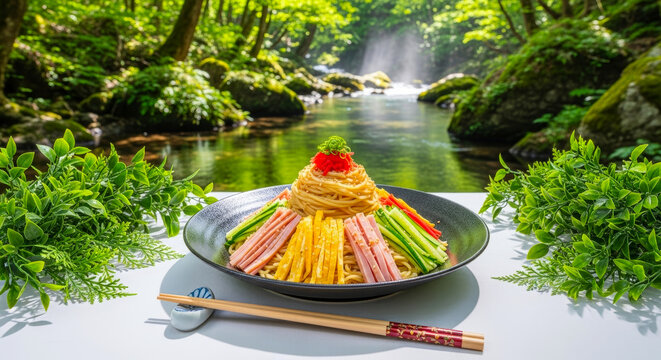 新緑の清流と冷やし中華