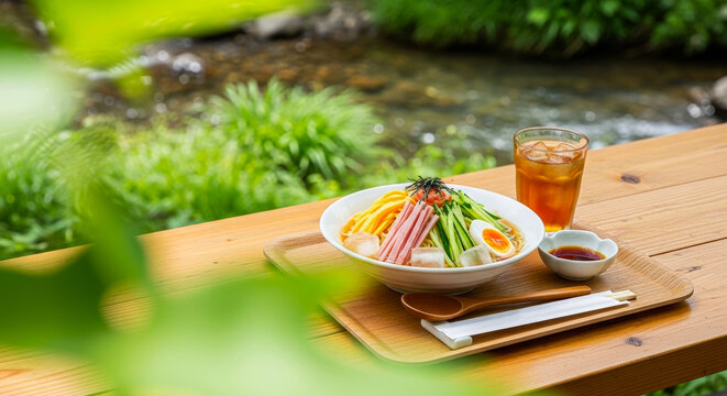 新緑の清流と冷やし中華