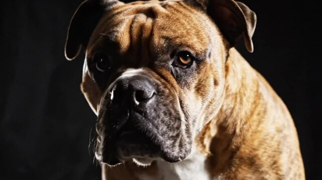 Focused Boxer Dog Portrait with Brown Brindle Coat Against Black Background in Close Up View