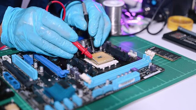 The technician is putting the CPU on the socket of the computer motherboard. electronic engineering electronic repair, electronics measuring and testing, repair