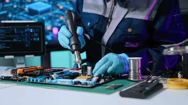 The technician is putting the CPU on the socket of the computer motherboard. electronic engineering electronic repair, electronics measuring and testing, repair