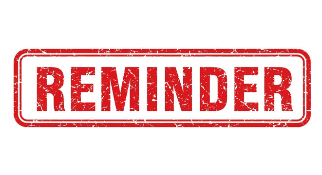 A red reminder stamp is shown on a surface with bold text.