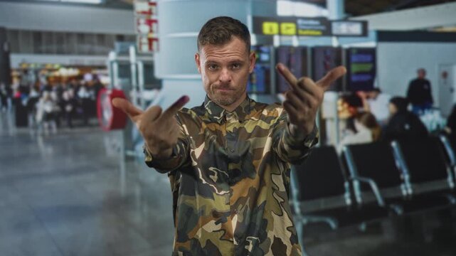 Man hispanic young soldier in camouflage shirt shows middle fingers to camera in airport terminal with seating and departures signage; defiance protest.