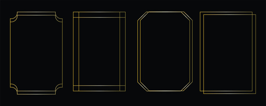 Thin golden frame set. Gold geometric border collection in art deco style. Thin linear shining rectangular shape bundle. Brass glowing shiny boarder element pack for photo, cadre, poster, card. Vector