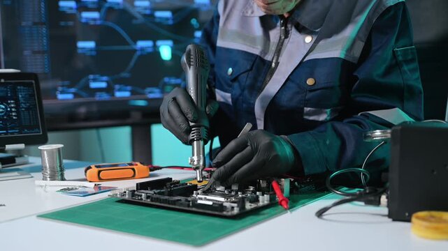 Senior technician performing PCB soldering and diagnostics with multimeter in electronics lab, showcasing hardware engineering