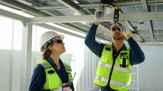 Professional solar engineers inspecting panels with a multimeter and digital tablet. Sustainable energy maintenance team working on a green power installation project in modern solar farm facility.