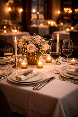 Fototapeta premium Beautifully set dinner table with candles, flowers and wine glasses. Warm ambient light creates a romantic, elegant atmosphere ideal for fine dining or special occasions.