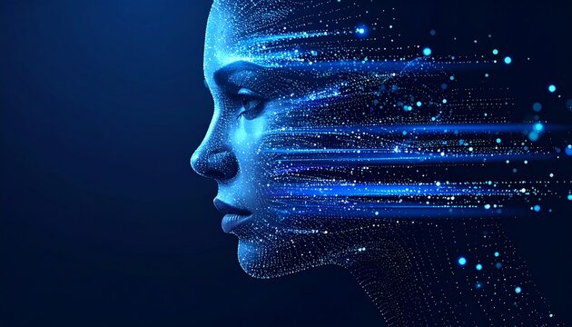 A blue-tinted digital human face with glitchy lines