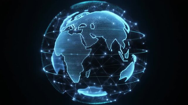 Global connectivity illustrated through a futuristic networked world map