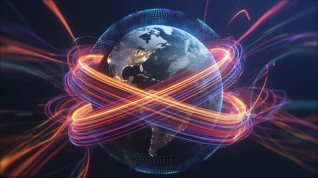 Global connectivity depicted through futuristic digital networks surrounding earth