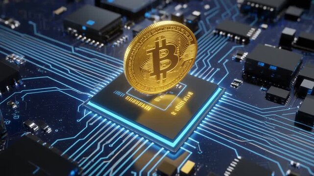 Cryptocurrency coin placed atop a futuristic circuit board.