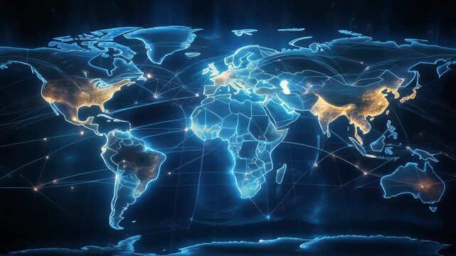 Global connectivity illustrated through illuminated world map and network lines