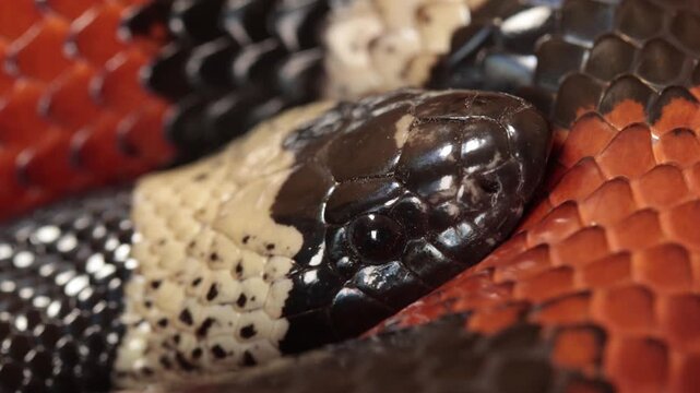 Close up of the head of a Pueblan Milk Snake, Lampropeltis triangulum campbelli.