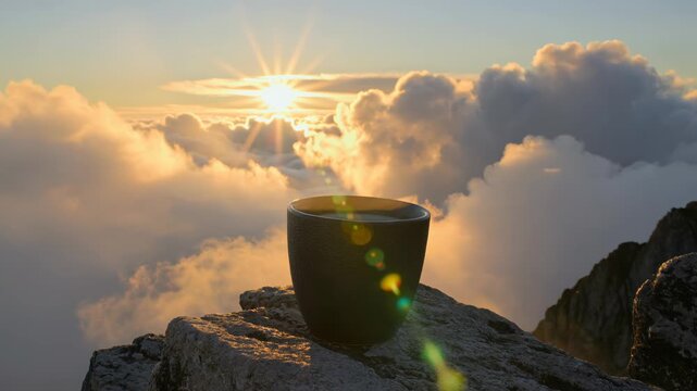 Hot cup of coffee on a mountain peak at sunrise. Seamless looping 4k video background