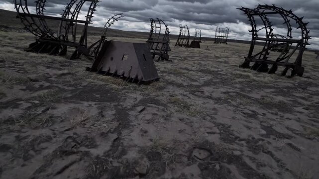 Desolate beach strewn with steel defenses under brooding storm clouds, rows of rusted barriers and angular metal frames dot windswept sand, low angle cinematic perspective evokes abandoned wartime