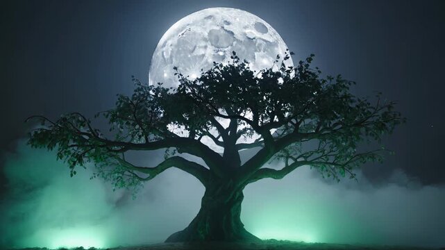 Magical ancient tree silhouette against a giant glowing full moon in a misty night landscape. Seamless looping 4k video background