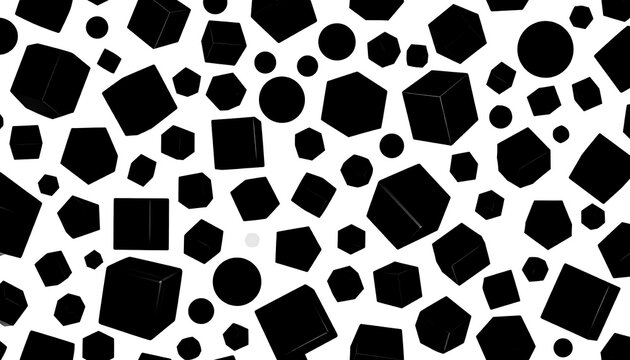 Monochrome geometric shapes in various sizes floating against a white backdrop