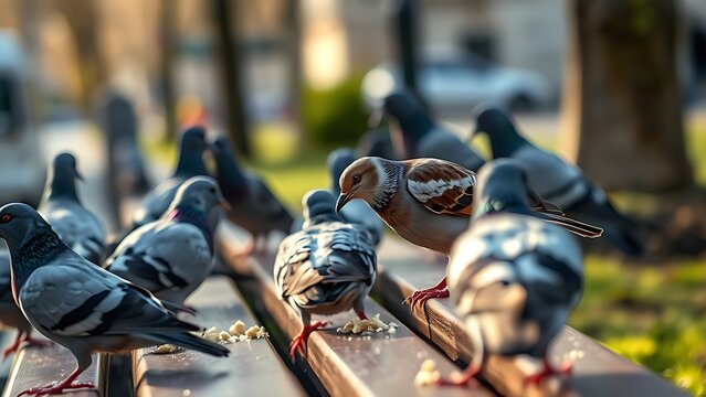 atrocity. A common sparrow among pigeons pecking crumbs on a city park bench in morning light. wildlife magazines, conservation campaigns, designed for nature documentaries and education.