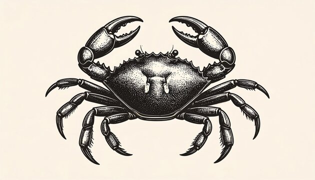 Intricate grayscale illustration of a crab with detailed claws, legs, and body on a cream background