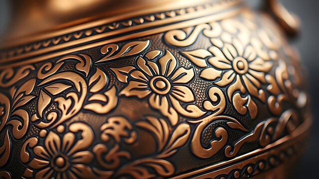 unstylish. Copper vessel with intricate Ottoman floral patterns, detailed metalwork close-up. event programs, museum guides, designed for cultural heritage projects and event programs.