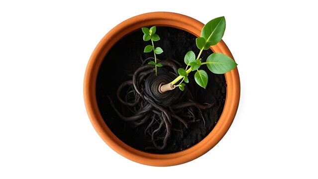 constriction. A root-bound plant in a terracotta pot, roots circling inside, top-down view. gardening catalogs, home-decor guides, designed for gardening and botanical catalogs.